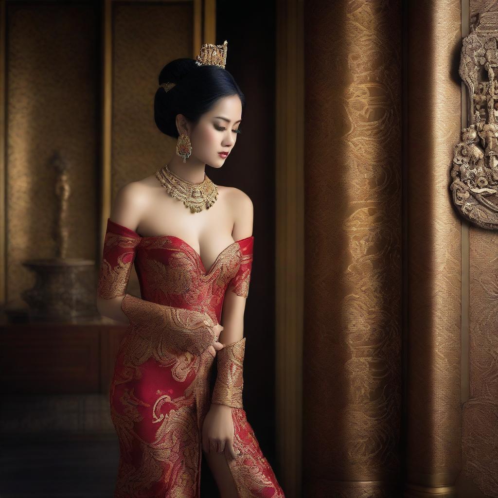 A super high-definition photograph capturing a stunningly attractive Indonesian woman, dressed in a revealing traditional attire that accentuates her sexy body, inside a luxurious room