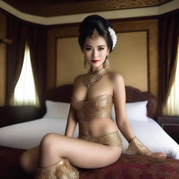 A super high-definition photograph capturing a stunningly attractive Indonesian woman, dressed in a revealing traditional attire that accentuates her sexy body, inside a luxurious room