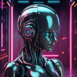 Futuristic artificial intelligence robot, graphic design, with sleek metal surfaces and neon lights.