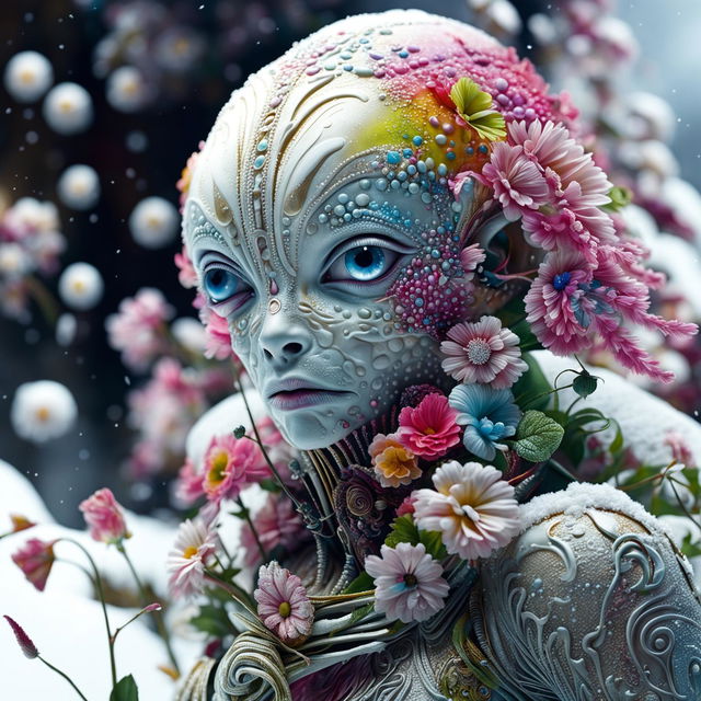 Hyper-realistic 3D Rococo-inspired photograph featuring an alien adorned with vibrant flowers against a snowy landscape.