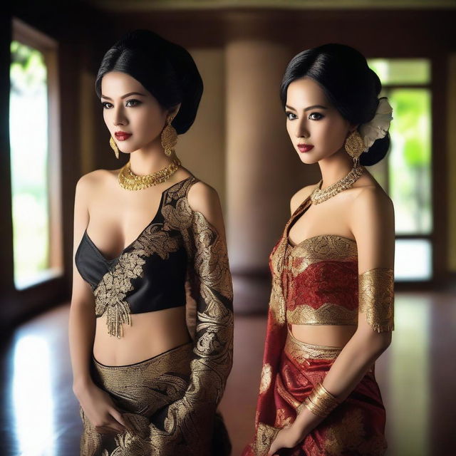 A super high-definition photograph features two stunningly attractive Indonesian women, with flowing black hair, dressed in slightly revealing traditional attire that showcases their sexy bodies, in a spacious, luxurious room