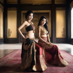 A super high-definition photograph features two stunningly attractive Indonesian women, with flowing black hair, dressed in slightly revealing traditional attire that showcases their sexy bodies, in a spacious, luxurious room