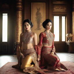 A super high-definition photograph features two stunningly attractive Indonesian women, with flowing black hair, dressed in slightly revealing traditional attire that showcases their sexy bodies, in a spacious, luxurious room