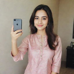 A beautiful girl taking a selfie in a kurta and pajama.