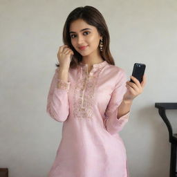 A beautiful girl taking a selfie in a kurta and pajama.