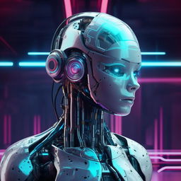 Futuristic artificial intelligence robot, graphic design, with sleek metal surfaces and neon lights.