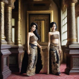 This is a super high-definition photograph showcasing two incredibly attractive Indonesian women with luscious black hair