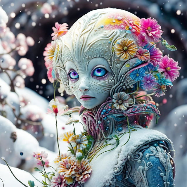 Hyper-realistic 3D Rococo-inspired photograph featuring a majestic alien adorned with vibrant flowers against a snowy landscape.