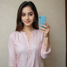 A beautiful girl taking a selfie in a kurta and pajama.