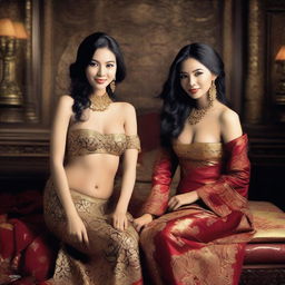 A super high-definition photograph showcasing two stunningly attractive Indonesian women with unraveled black hair, posing erotically and smiling seductively