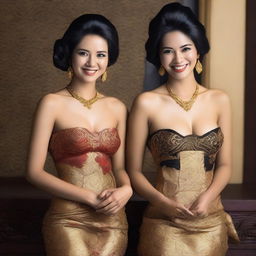 A super high-definition photograph showcasing two stunningly attractive Indonesian women with unraveled black hair, posing erotically and smiling seductively