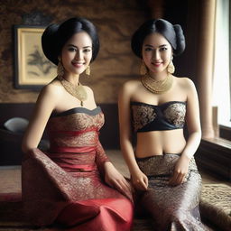 A super high-definition photograph showcasing two stunningly attractive Indonesian women with unraveled black hair, posing erotically and smiling seductively