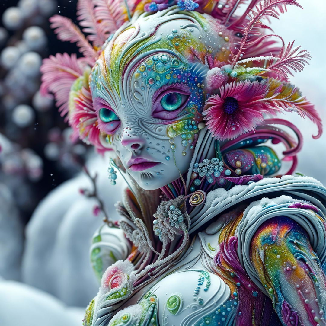 Hyper-realistic 3D Rococo-inspired photograph featuring a majestic alien adorned with vibrant flowers against a snowy landscape.