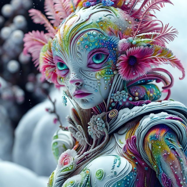 Hyper-realistic 3D Rococo-inspired photograph featuring a majestic alien adorned with vibrant flowers against a snowy landscape.