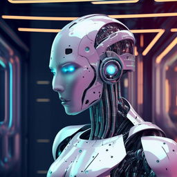 Futuristic artificial intelligence robot, graphic design, with sleek metal surfaces and neon lights.