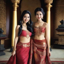 A super high-definition photograph showcasing two stunningly attractive Indonesian women with flowing black hair, posing erotically and smiling seductively