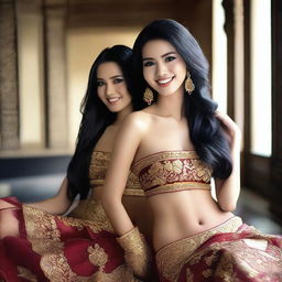 A super high-definition photograph showcasing two stunningly attractive Indonesian women with flowing black hair, posing erotically and smiling seductively