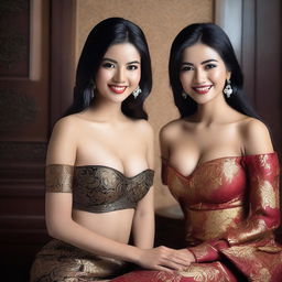 A super high-definition photograph showcasing two stunningly attractive Indonesian women with flowing black hair, posing erotically and smiling seductively