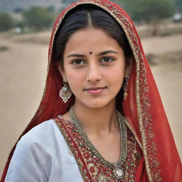 A beautiful Pakistani village girl adorned in traditional rural attire, exuding simplicity and grace.