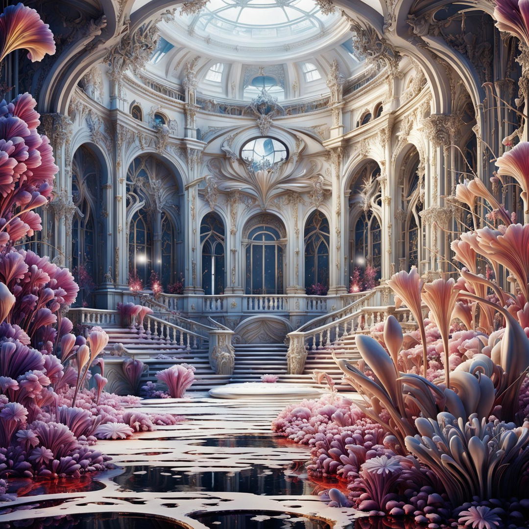 Hyper-realistic 3D photography of a rococo structure in an alien, snow-covered landscape. The scene is vibrant with colours, adorned with unique alien flowers, and carries an eerie yet majestic aura.