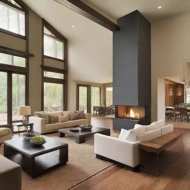 The two-sided fireplace in the middle of the room divides the living room and the dining area.