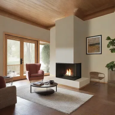 The two-sided fireplace in the middle of the room divides the living room and the dining area.