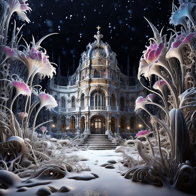 Hyper-realistic 3D photography of an eerie yet majestic rococo structure in an alien snowscape adorned with vibrant alien flowers.