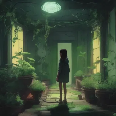 As the protagonist stepped into the haunted house, she was surrounded by eerie chlorotic plants that seemed to come to life in the darkness.