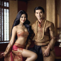 A super high-definition photograph presents two stunningly attractive Indonesian women with cascading black hair, posing erotically and smiling seductively