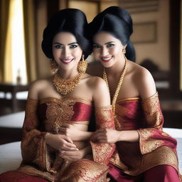 A super high-definition photograph presents two stunningly attractive Indonesian women with cascading black hair, posing erotically and smiling seductively