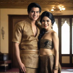 A super high-definition photograph presents two stunningly attractive Indonesian women with cascading black hair, posing erotically and smiling seductively