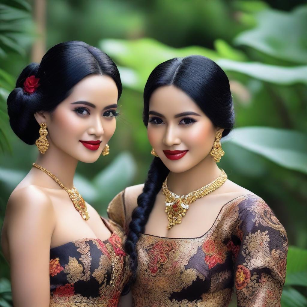 A super high-definition photograph captures two stunningly attractive Indonesian women with black hair, posing erotically and smiling seductively