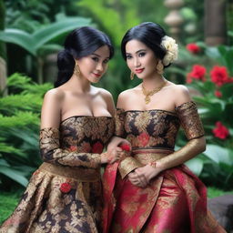 A super high-definition photograph captures two stunningly attractive Indonesian women with black hair, posing erotically and smiling seductively