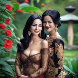 A super high-definition photograph captures two stunningly attractive Indonesian women with black hair, posing erotically and smiling seductively