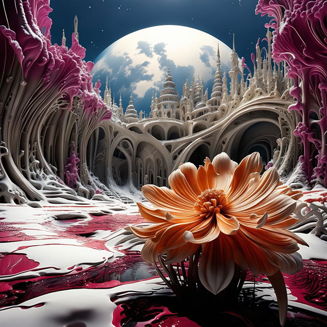 Hyper-realistic 3D rococo-inspired alien landscape covered in snow with vibrant colours. A close-up view of an alien flower contrasts against the snow. Majestic rococo structures tower in the background under an eerie light.