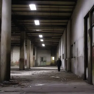 The horror movie had a scene where the protagonist visited a creepy abandoned manufacturer's warehouse.