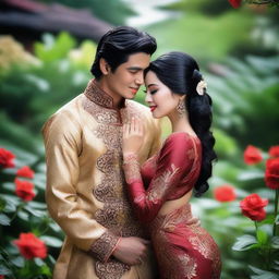 A super high-definition photograph showcases two stunningly attractive Indonesian women with black hair, seductively embracing a handsome man and smiling provocatively