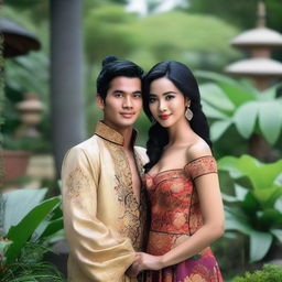 A super high-definition photograph showcases two stunningly attractive Indonesian women with black hair, seductively embracing a handsome man and smiling provocatively