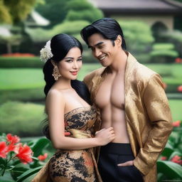 A super high-definition photograph showcases two stunningly attractive Indonesian women with black hair, seductively embracing a handsome man and smiling provocatively