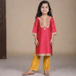 A stylish and elegant girl's kurta pants in vibrant colors, with intricate embroidery details.