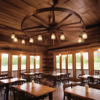 The architect used a wagon wheel to create a unique chandelier in the rustic-themed restaurant.