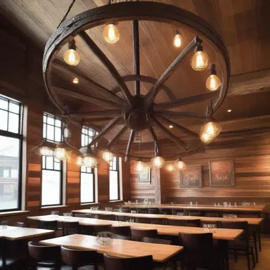 The architect used a wagon wheel to create a unique chandelier in the rustic-themed restaurant.