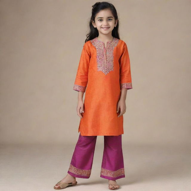 A stylish and elegant girl's kurta pants in vibrant colors, with intricate embroidery details.