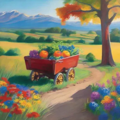 The artist incorporated a colorful wagon in their vibrant landscape painting.