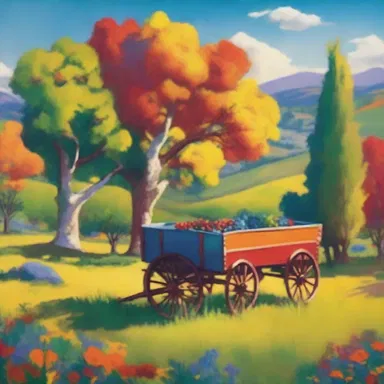 The artist incorporated a colorful wagon in their vibrant landscape painting.