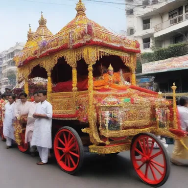 During the religious procession, devotees pulled a beautifully decorated wagon carrying the sacred idol.