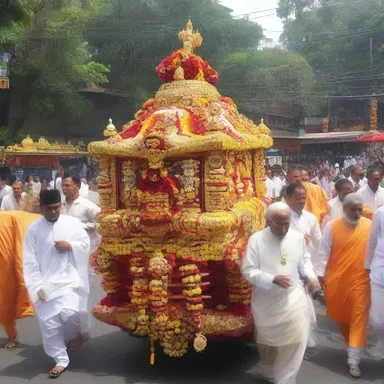 During the religious procession, devotees pulled a beautifully decorated wagon carrying the sacred idol.
