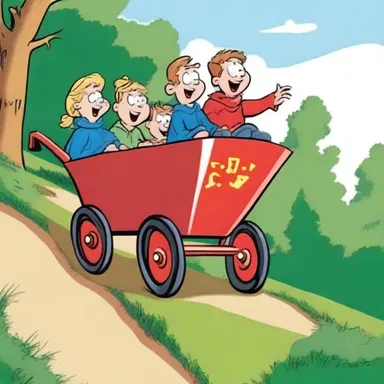 In the cartoon, the characters took turns riding in their red wagon down the hill.