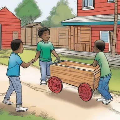 In the comic strip, the kids built a wagon out of wooden planks and wheels to explore the neighborhood.