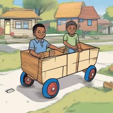 In the comic strip, the kids built a wagon out of wooden planks and wheels to explore the neighborhood.